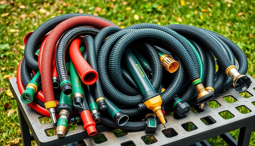 Various expandable garden hoses displayed on a table.