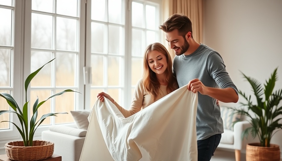 Happy couple folding clothes, sharing laundry tips for families.