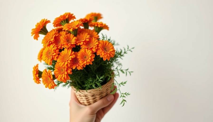 Vibrant marigold bouquet in woven holder, Thoughtful Gifts for Mothers and Others.