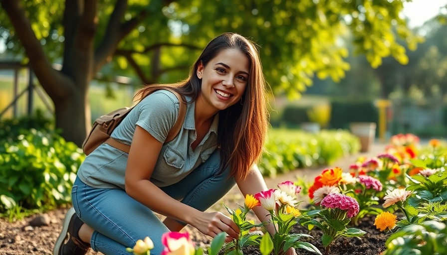 Smiling woman gardening in a sunny backyard, promoting cognitive health.