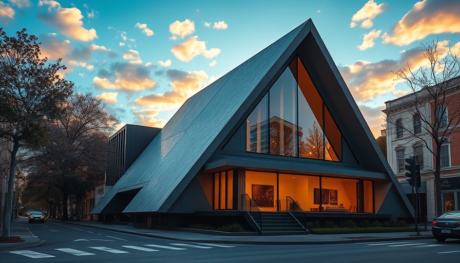 Triangular-shaped house in Melbourne at sunset, modern architecture.