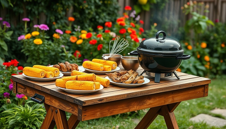 Wooden fold-up DIY grill table with food and grill in garden.
