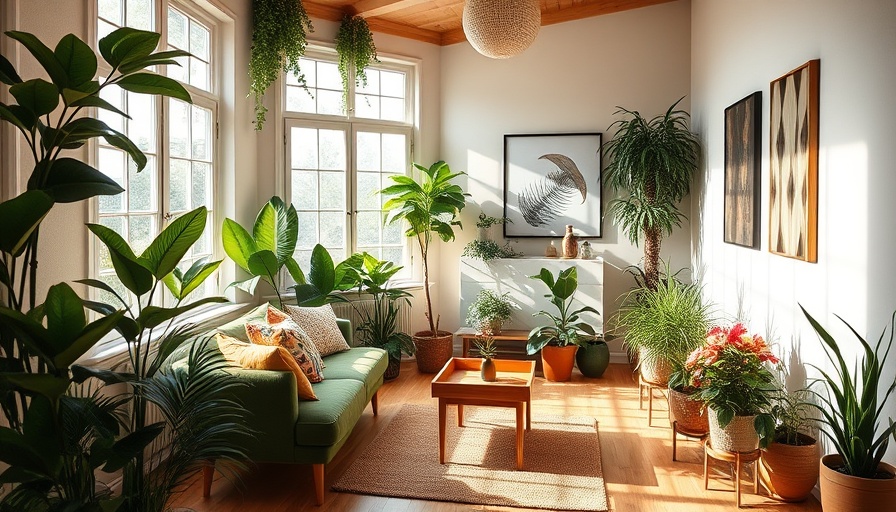 Cozy living room with plants and modern decor, inviting vibe.
