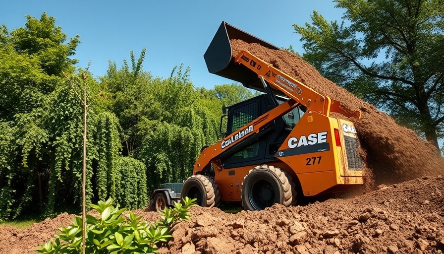 Case SL27 TR small articulated loader in action, unloading soil in a forested area.