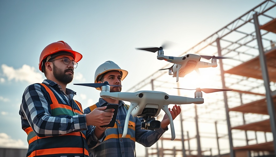 Construction workers using drone technology at a building site.