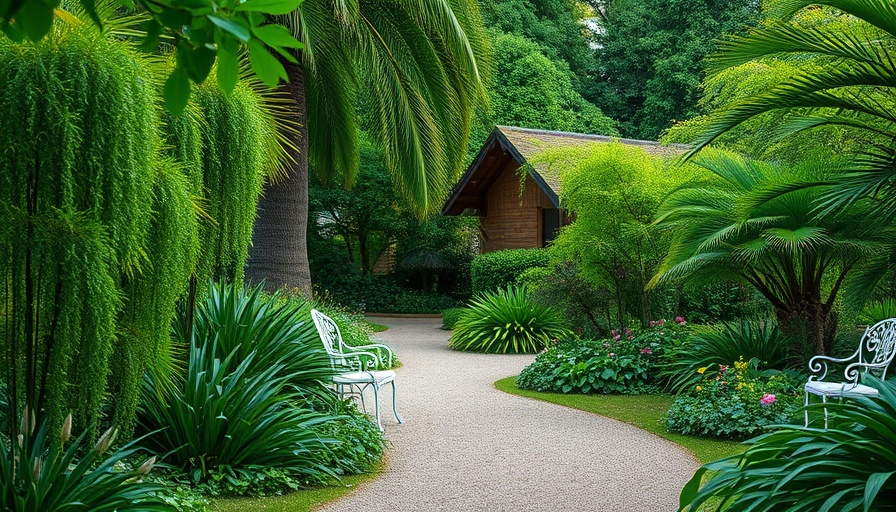 Serene outdoor space with lush greenery, vintage chairs by interior designers.