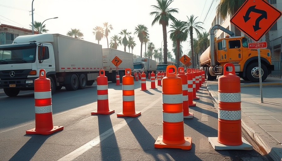Roadside construction hazards with traffic barrels and stop signs.