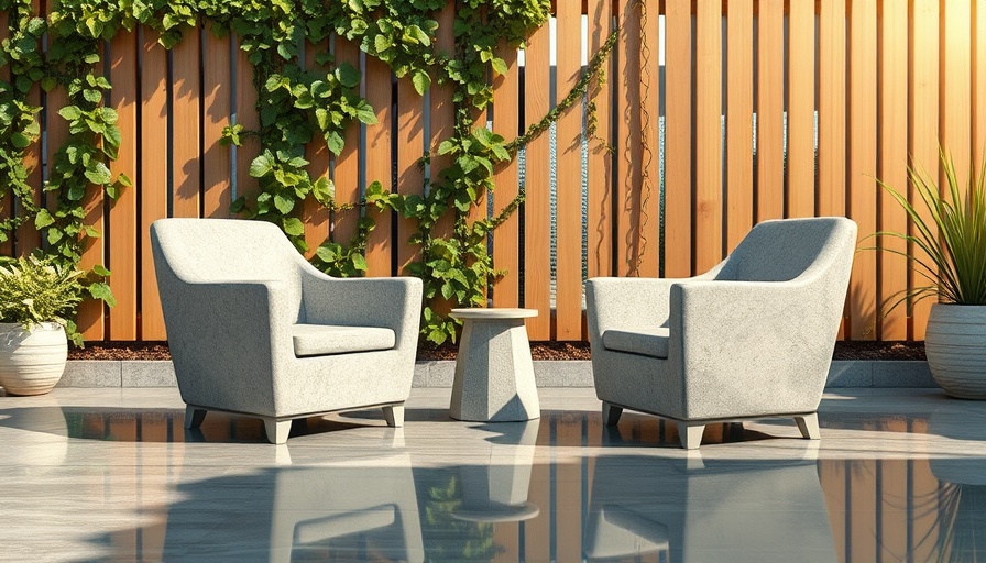 Modern stone chairs on a sleek patio with classic outdoor design.