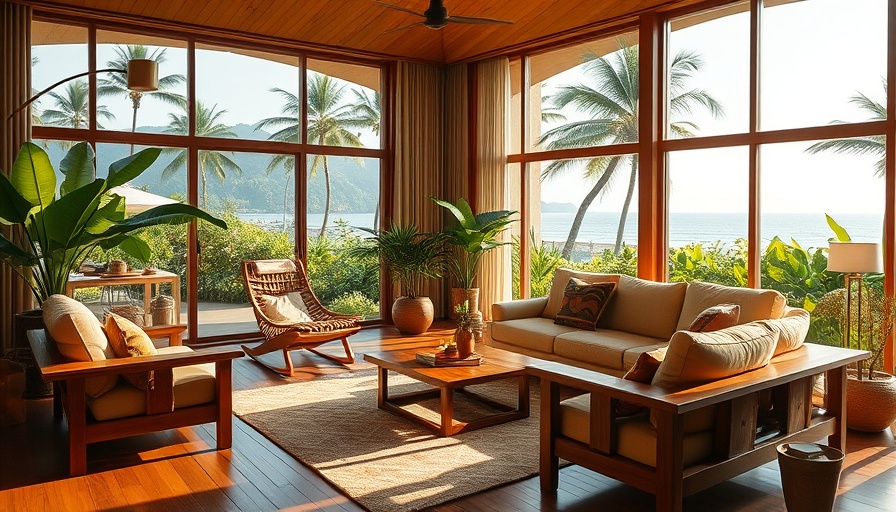Hawaiian modernism - cozy living room with wooden furniture.