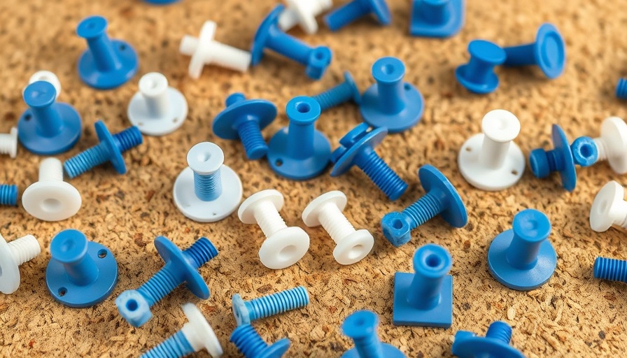 Close-up view of blue and white drywall anchors on corkboard.