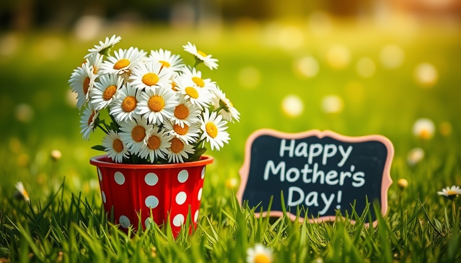 Bright daisies and 'Happy Mother's Day' chalkboard on grass.