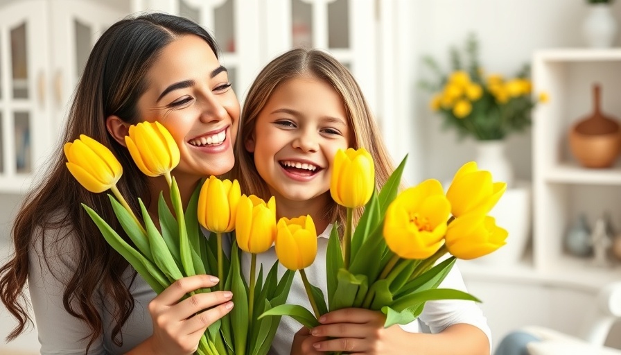 Happy mother and daughter with yellow tulips, bright room.