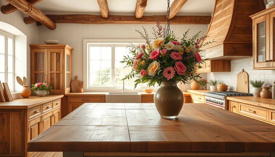 Spacious kitchen with wooden countertops and floral centerpiece.