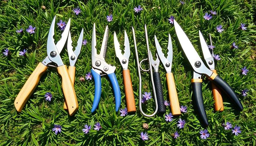 Garden tools including best grass shears on green grass.