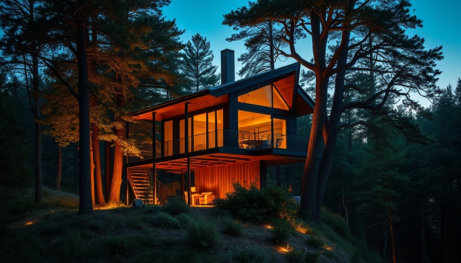 Modern treehouse design in Hungary during twilight