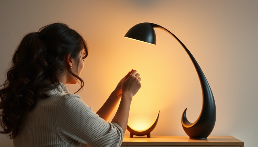 Elegant unique sculptural lamp with woman adjusting in minimalistic setting.