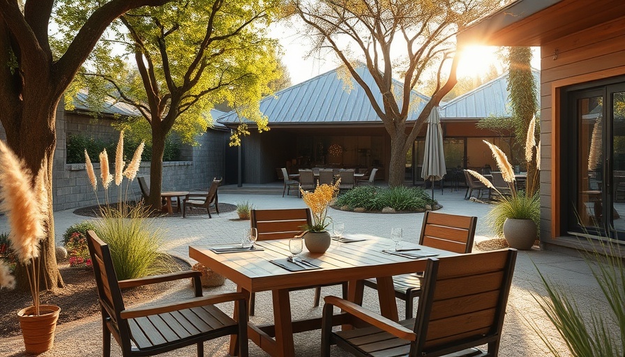 Serene outdoor room with wooden table under trees
