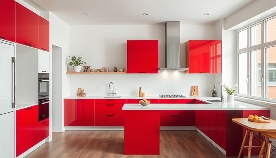 Minimalist kitchen with red cabinets, pre-maximalist makeover