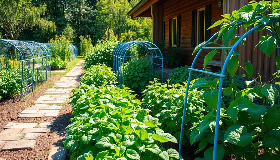 Starting a vegetable garden with trellises and lush greenery.