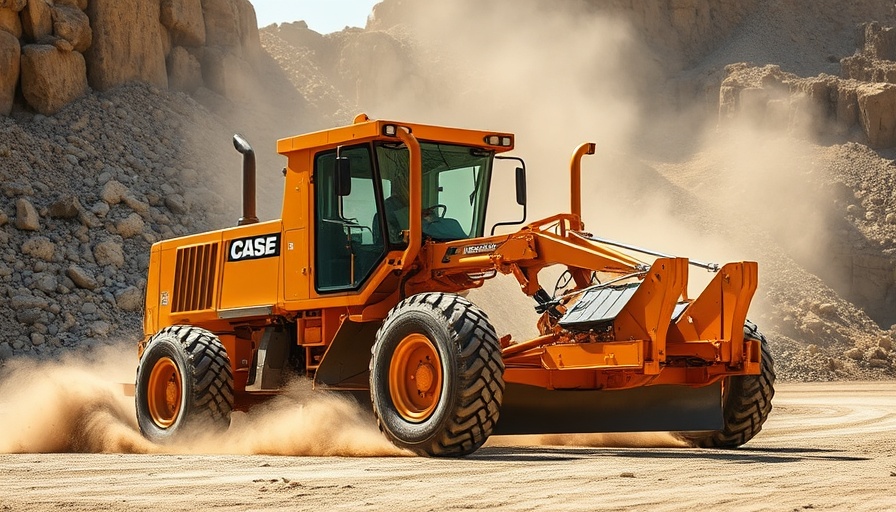 Case CE D Series motor grader in quarry, moving dirt.