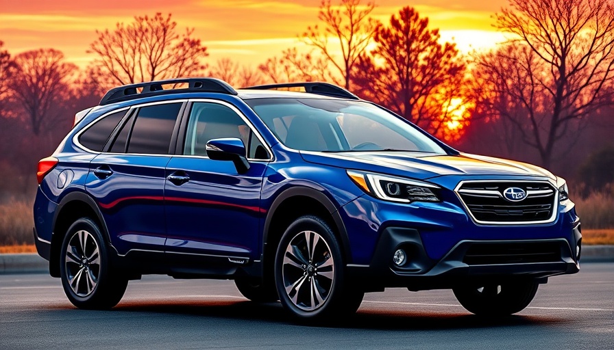 Subaru Outback showcased against vibrant sunset backdrop.