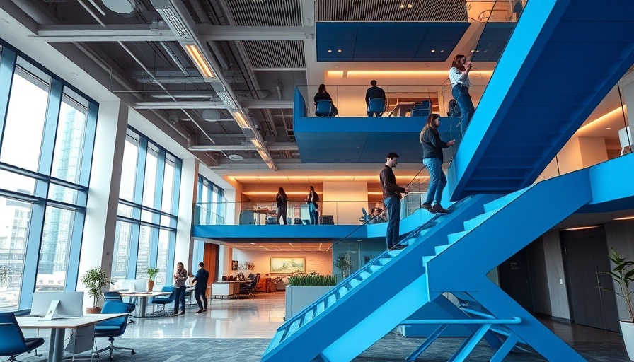 Contemporary interior of IBM NYC headquarters with blue staircase.