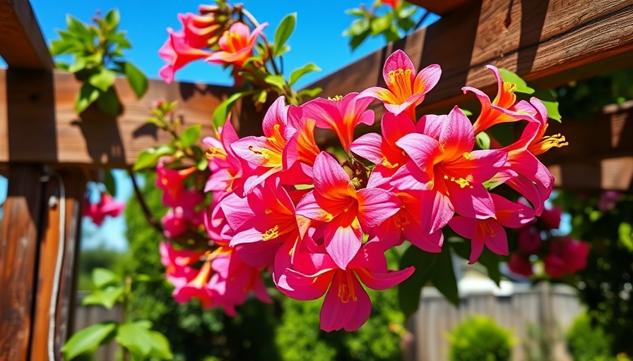 Flowering vines on backyard fence with pink honeysuckle bloom.