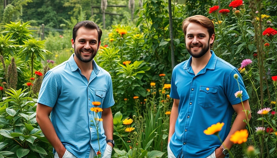 Two men in a lush fairytale garden in Wales.