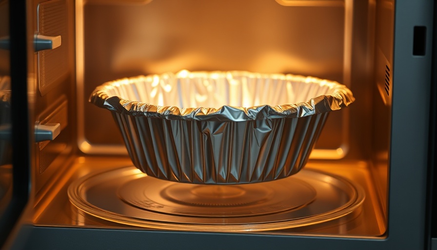 Metal container placed in microwave, kitchen lighting.