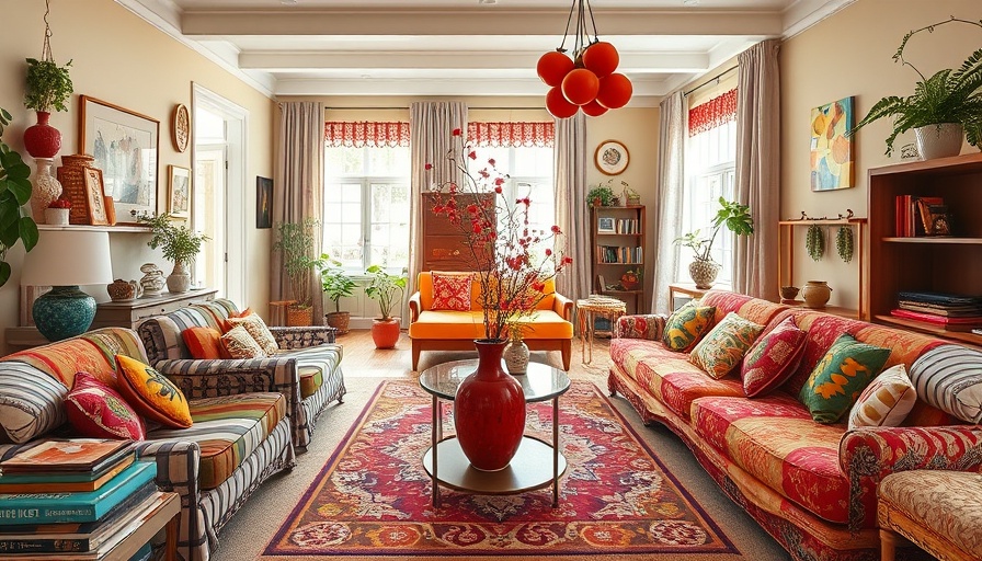 Eclectic living room with Tomato Vase summer decor.