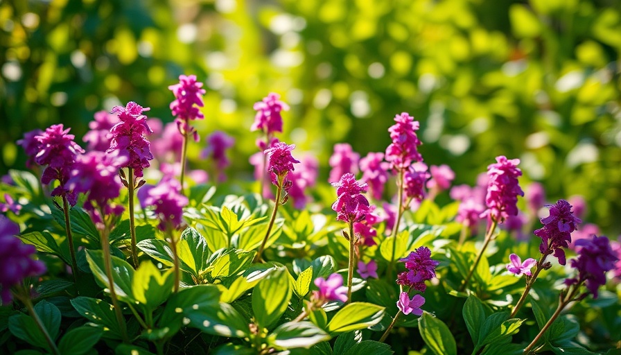 Vibrant purple walkable groundcovers in garden setting.