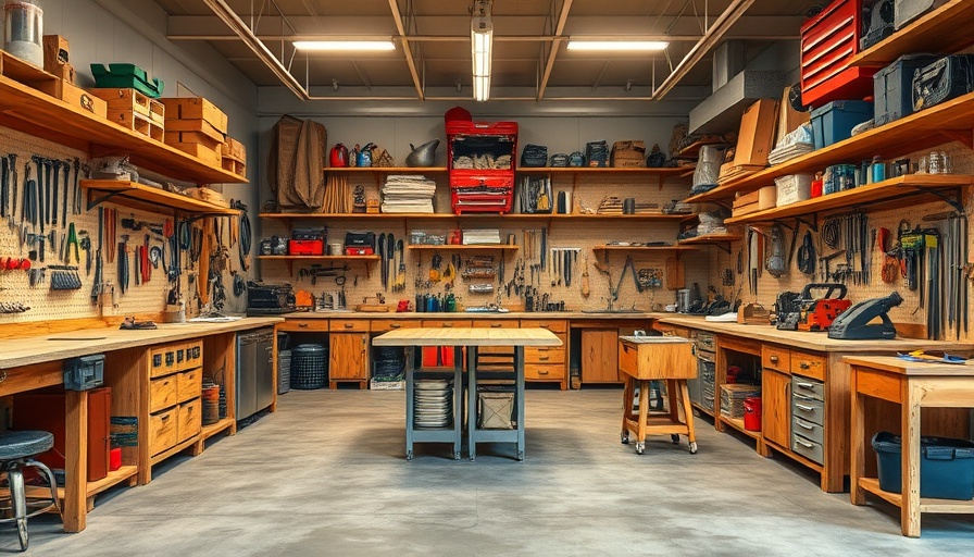Spacious workshop with tools and workbenches, ideal for drywall patching.