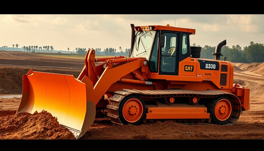 Develon DD130 Dozer moving earth on a construction site, large orange bulldozer.