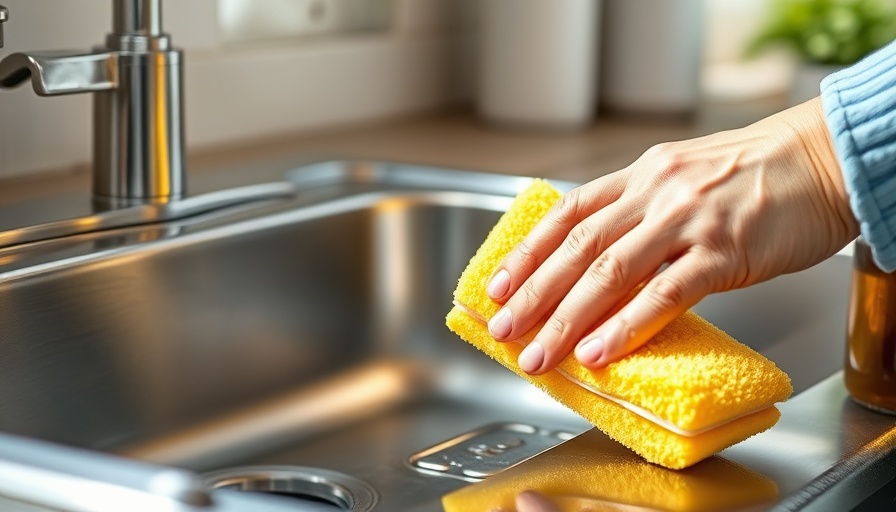 Hand polishing a stainless steel sink with a sponge, clean and shiny surface.