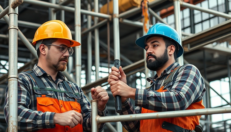 Construction workers assembling scaffolding, reflecting construction costs.