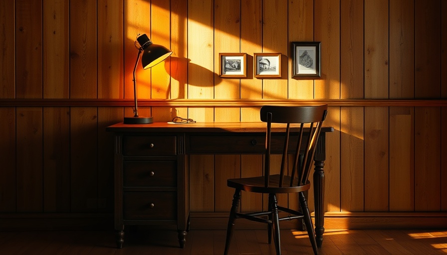 Vintage desk and lamp embracing ethereal lighting trends.