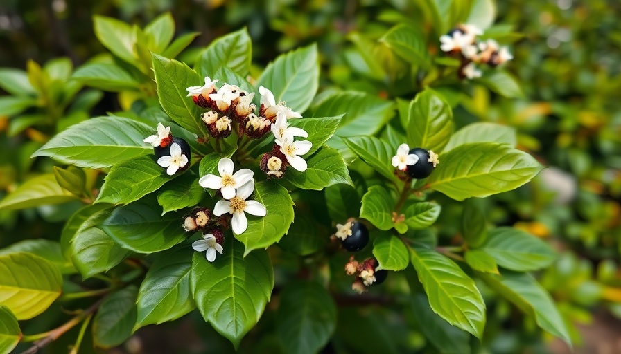 Glossy shrub with white flowers and black berries, best low-maintenance plant.