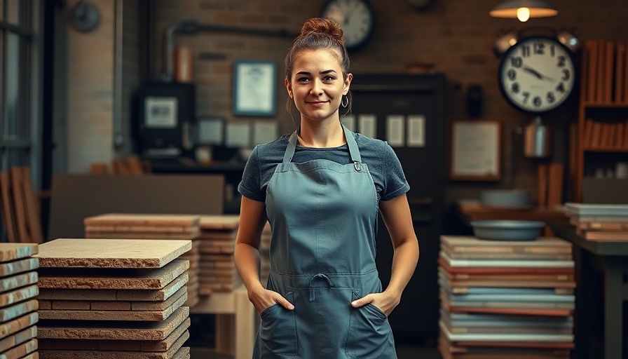Woman in apron standing by stacked tiles in warm workshop.