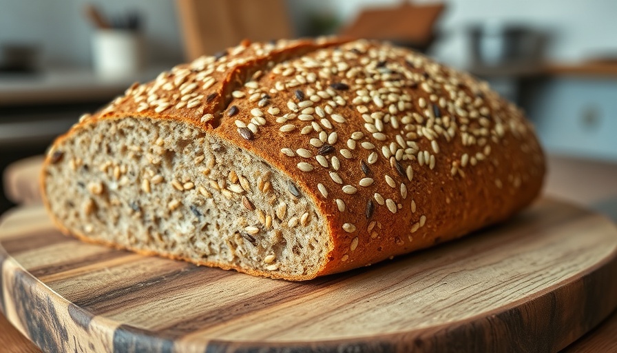 Freshly baked gluten-free seed bread sliced on rustic board.