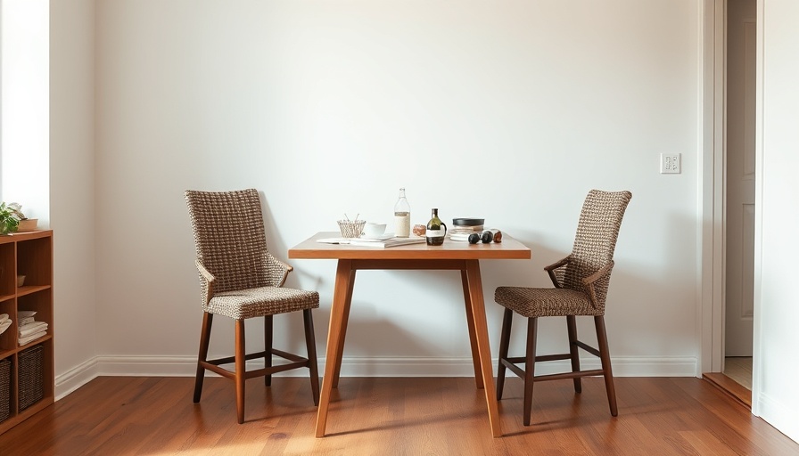 Simple dining room before makeover with woven chairs and a wooden table.