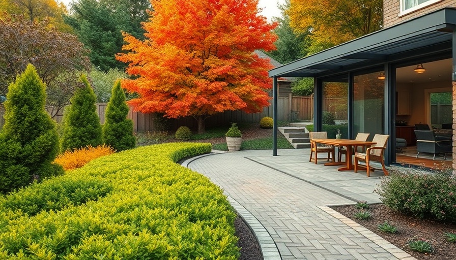 Beautiful outdoor plants in a landscaped garden with patio furniture