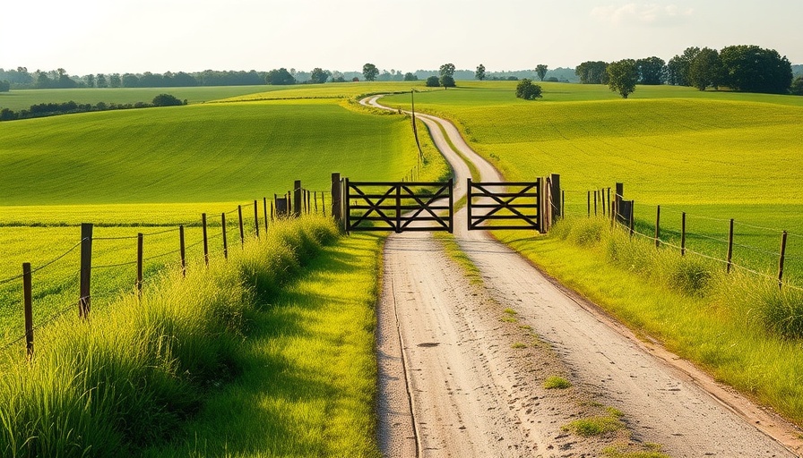 Rural road leading to gate in Arkansas countryside under blue sky.