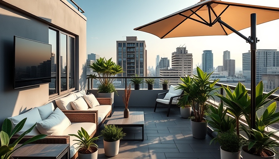 Urban rooftop garden transformation with modern seating and plants.