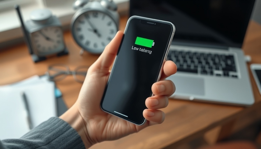 Smartphone with low battery held by a hand, charging issue.