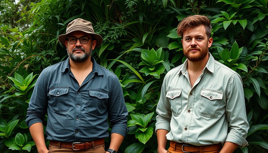 Two men in a lush garden with utilitarian chic style.