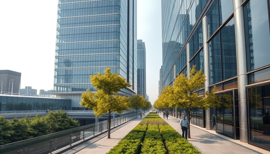 AI in Construction Safety cityscape with modern glass buildings.