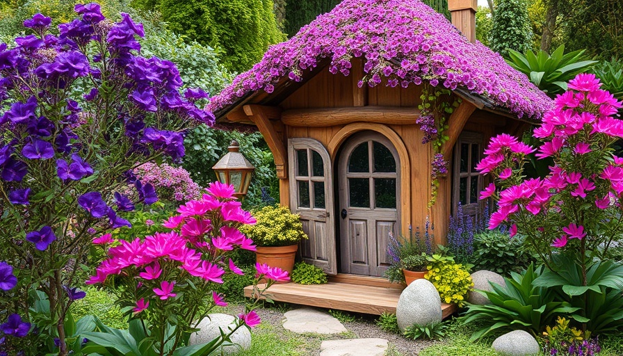 Mycelium house in garden with colorful flowers and greenery.