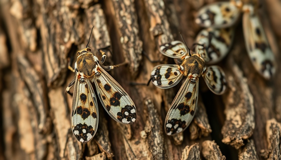 Close-up image of Spotted Lanternflies with speckled wings on tree bark.