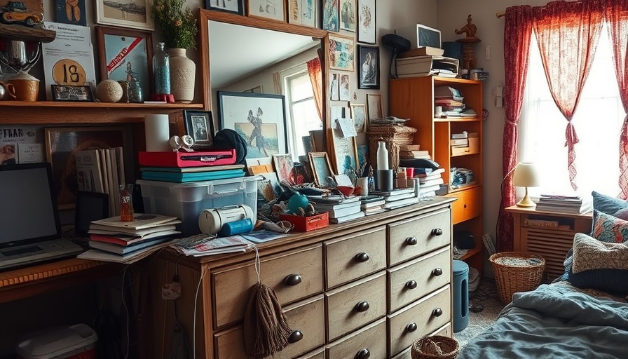 Affordable home decor on cluttered dresser with stylish accessories.