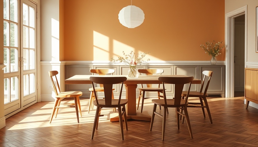 Color-blocked dining table with wooden chairs in a minimalist space.